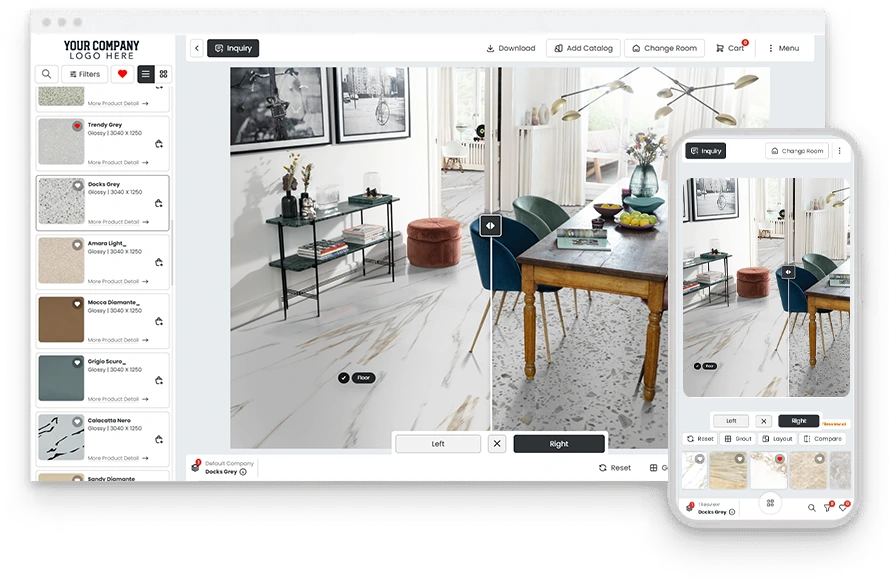 Tilesview visualiseerija, mis näitab ruumi enne ja pärast lauaarvutis ja mobiilis